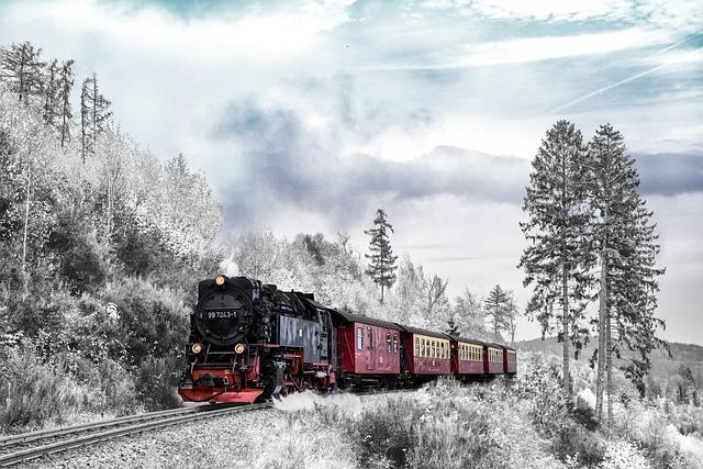 A passenger train travelling along a treed mountain pass in winter.