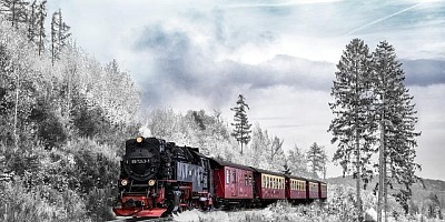 A passenger train travelling along a treed mountain pass in winter.