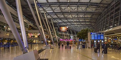 The inside of a modern airport terminal.